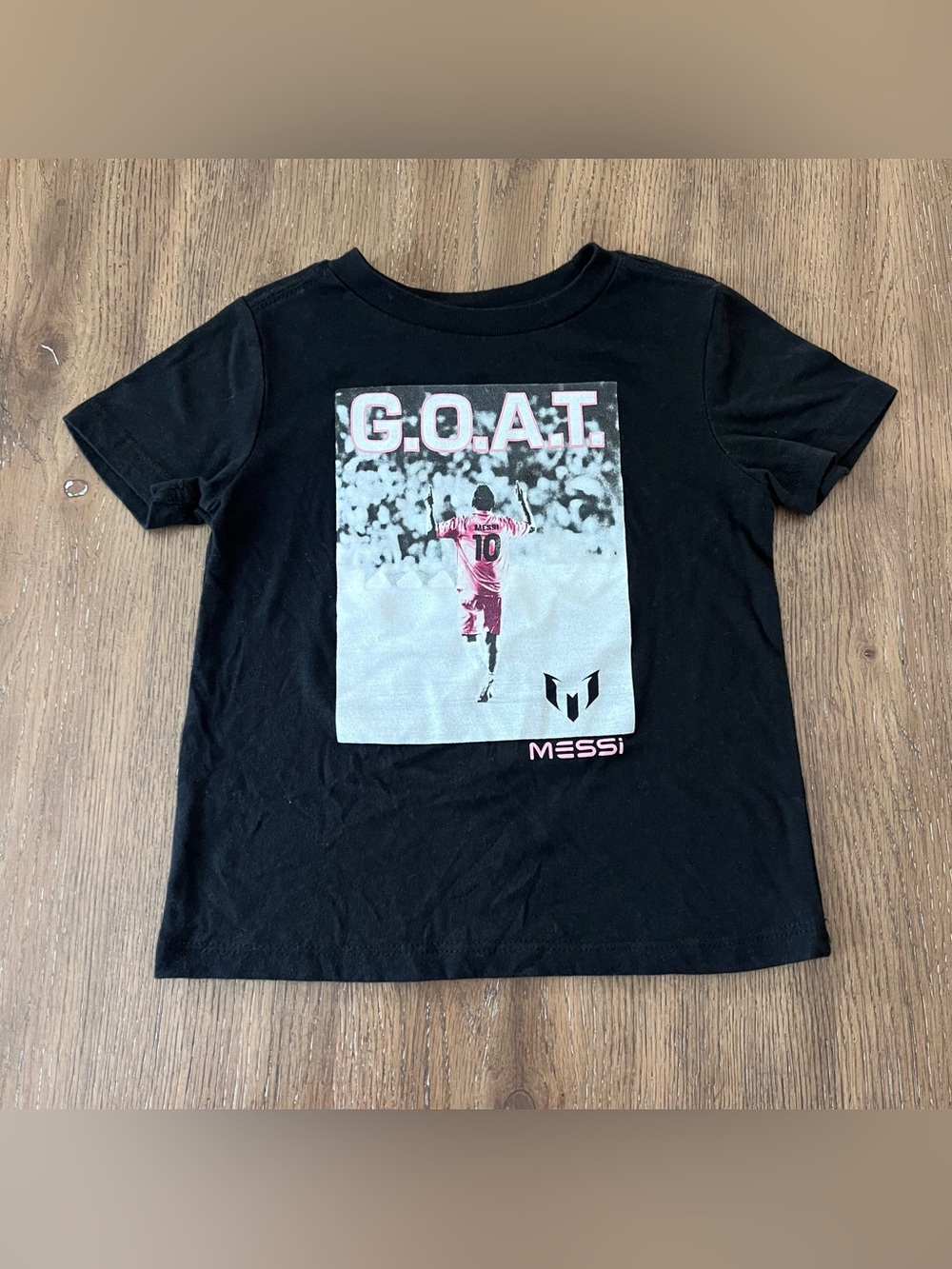 Messi Collection- Black G.O.A.T. Messi T-Shirt with Pink Graphic Highlights